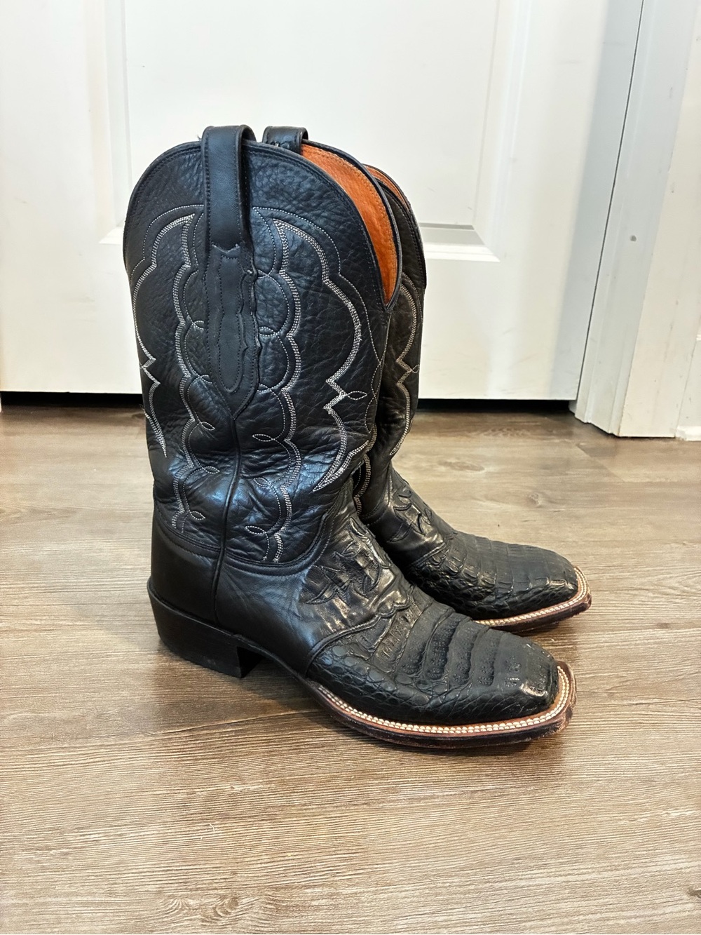 Lucchese HornBack Caiman Exotic Leather inlay Saddle Vamp Western Boots 9D